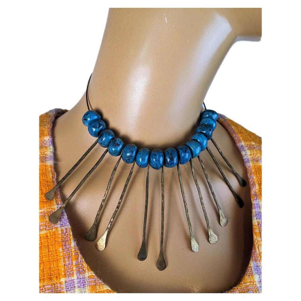 Vintage Mid Century Brass Beaded Modernist necklace 60s artisan hammered brass‎